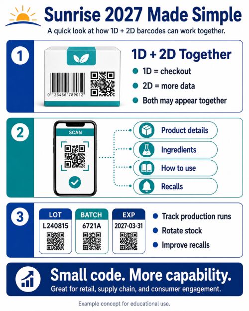 Sunrise 2027 infographic showing 1D and 2D barcodes together, GS1 Digital Link product information, and lot, batch, and expiration data.